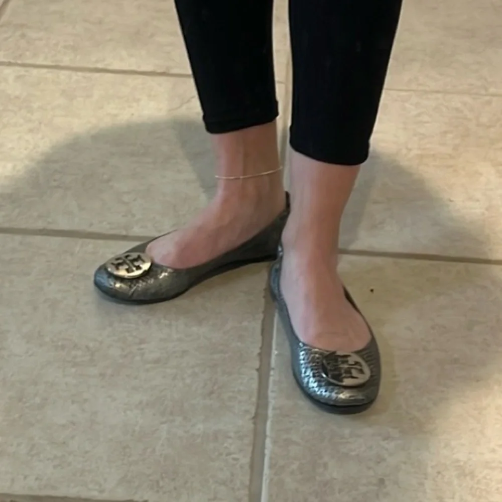 Tory Burch Reva Silver Ballet Flats Reptile Print